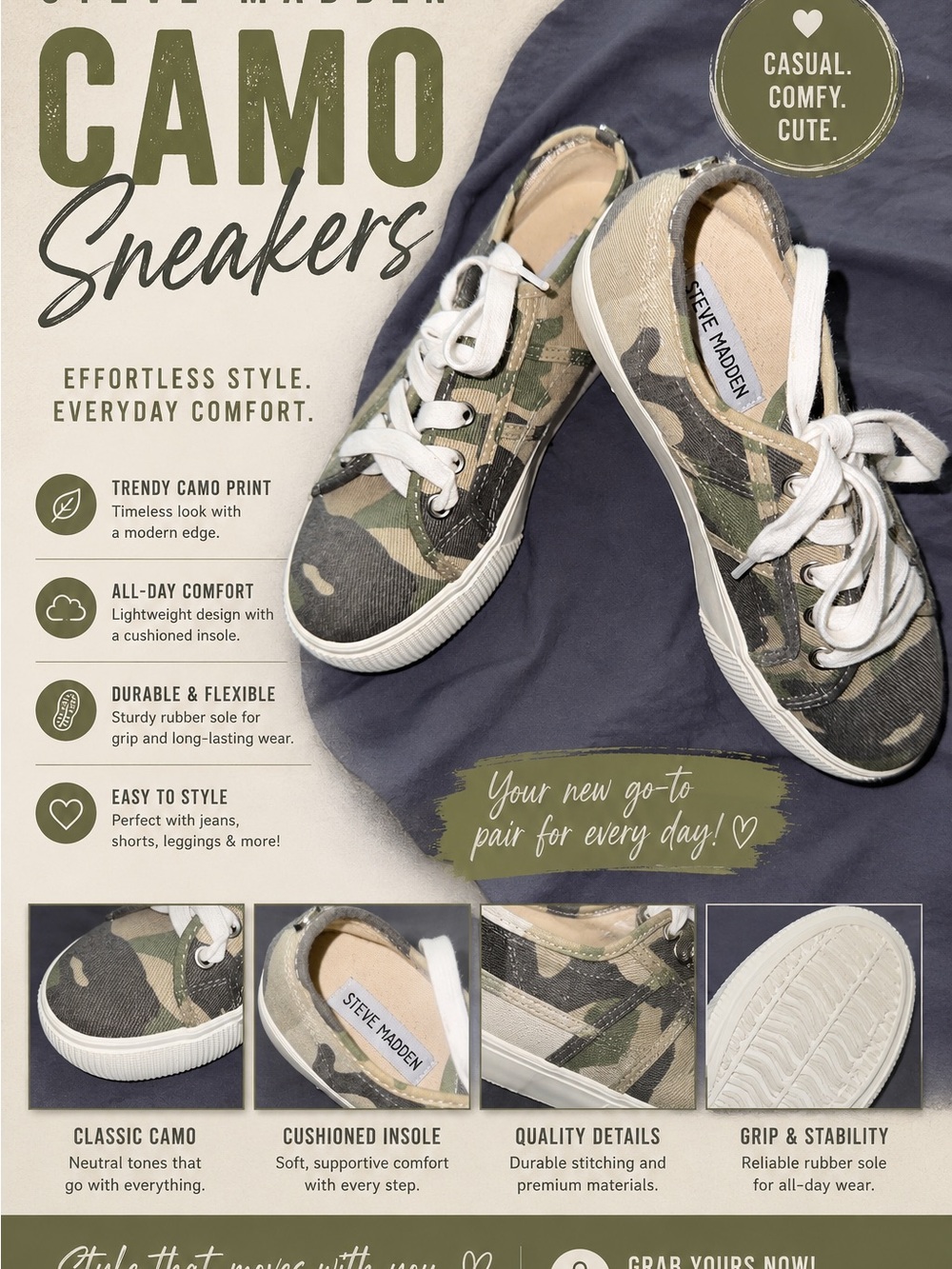 Steve Madden Camouflage Low-Top Sneakers in Green and Tan - Picture 2 of 2
